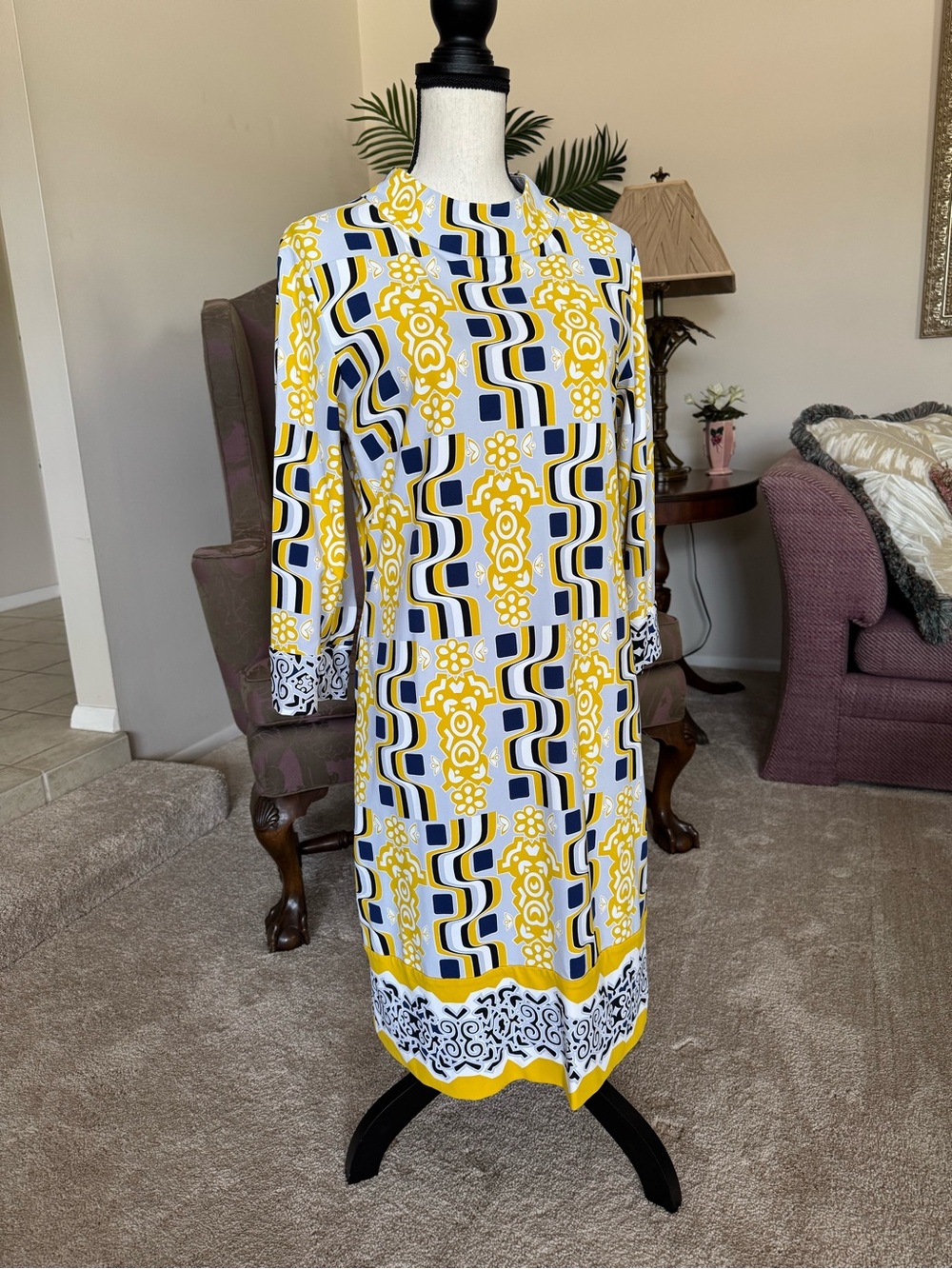 J. McLaughlin Yellow, Navy & White Long Sleeve Patterned Shift Dress